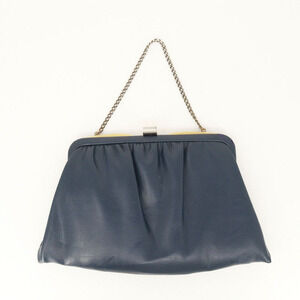 Vtg Ande Handbag Women Small Navy Blue Leather Pleated Pouch Purse Shoulder Bag